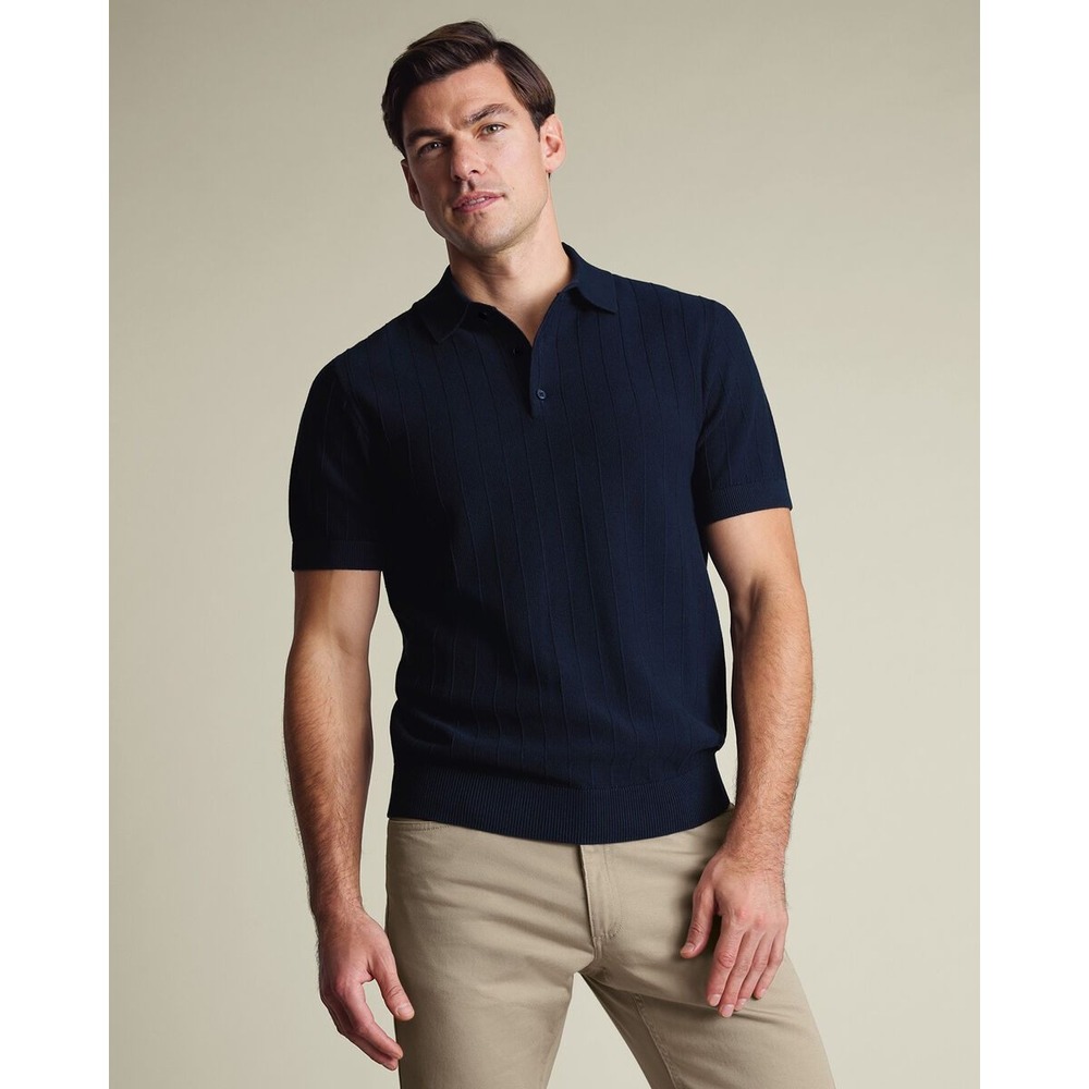 Charles Tyrwhitt Knit Polo Mens XL Navy Blue Textured Johnny Collar Short Sleeve